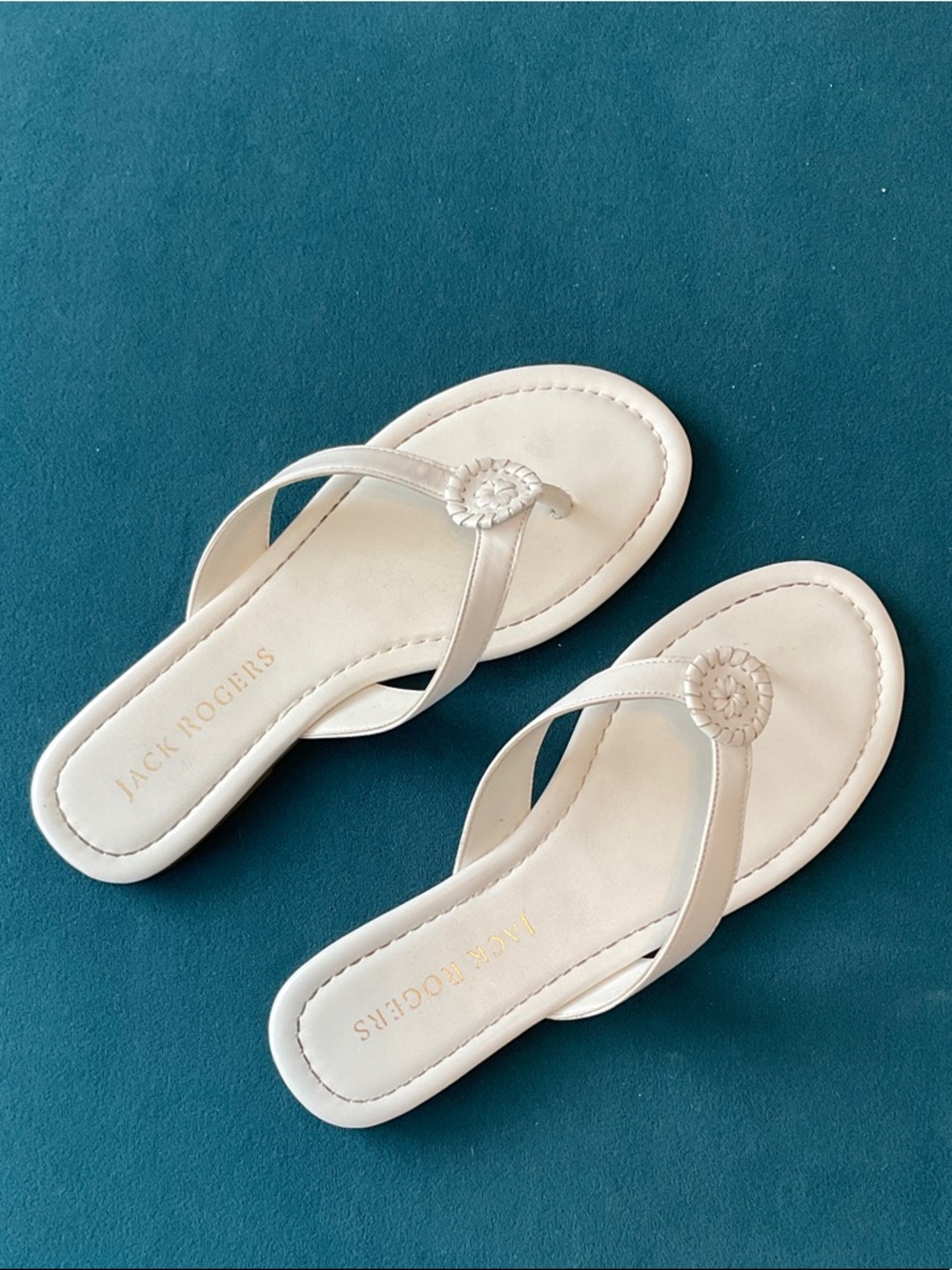 Jack Rogers White Leather Thong Sandals with Signature Medallion